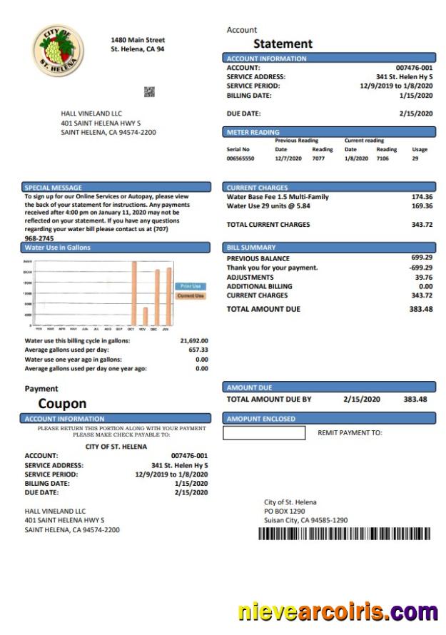 USA California City of St Helena utility bill